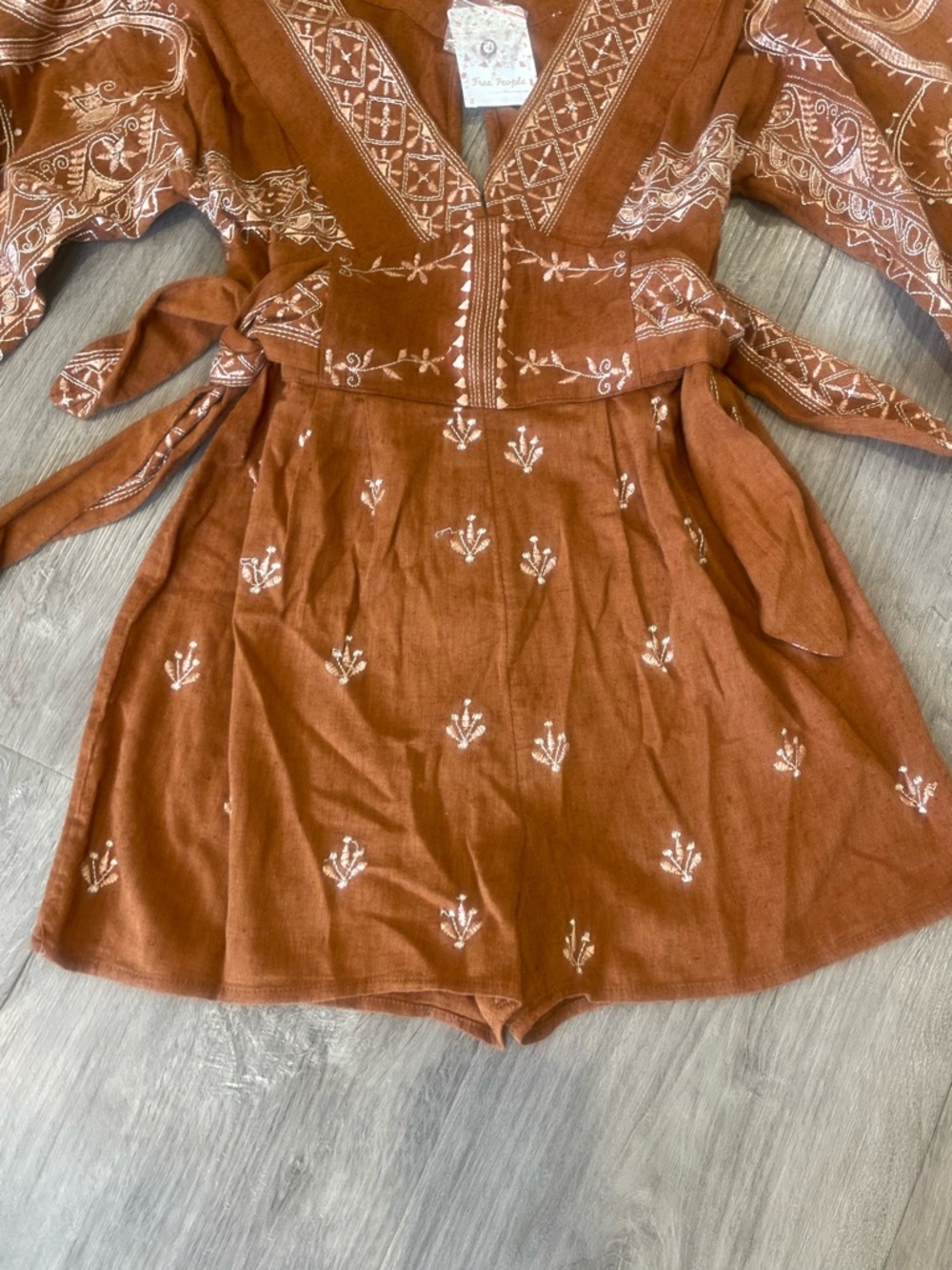 NWT Free People Azalia Boho Embroidered V-Neck Shorts Romper in Chocolate Brown - Picture 6 of 12
